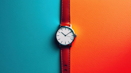 This image features an elegant minimalist watch displayed against a vibrant color background, highlighting its sophisticated design and timeless appeal.の素材