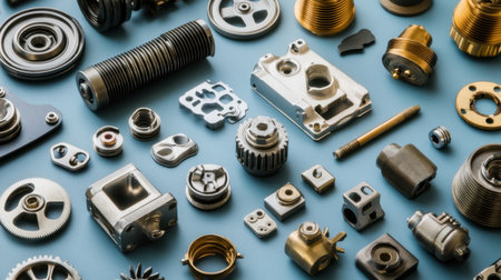 A diverse collection of metal and plastic mechanical parts displayed on a blue background, ideal for engineering, design, and manufacturing projects.の素材