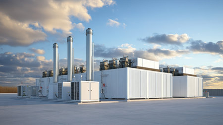 An expansive view of a modern industrial power plant featuring multiple turbines and storage containers, set against a vibrant blue sky and fluffy clouds.の素材