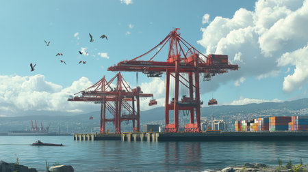 A vibrant industrial port scene featuring towering red cranes loading shipping containers under a clear blue sky with flying birds.の素材