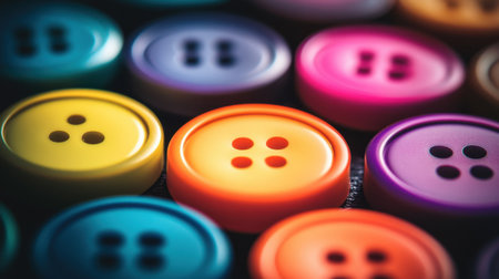 A close-up image showcasing a diverse array of round sewing buttons in vibrant colors, beautifully arranged on a dark surface, ideal for craft projects.の素材