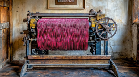 This captivating image features a vintage textile machine, prominently displaying vibrant red threads. It highlights the intricate craftsmanship and history of industrial tools in a warm, rustic workshop atmosphere.の素材