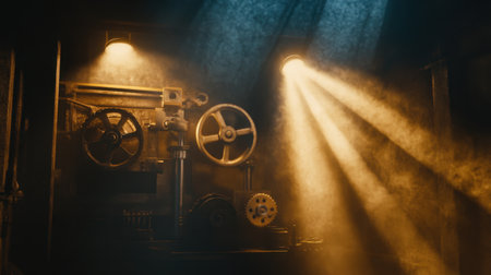 This captivating industrial scene showcases vintage machinery with gears illuminated by soft beams of light and enveloped in a smoky atmosphere.の素材