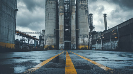 An imposing view of silos and industrial structures set against a dark, cloudy sky. The scene captures the essence of heavy industry and manufacturing.の素材