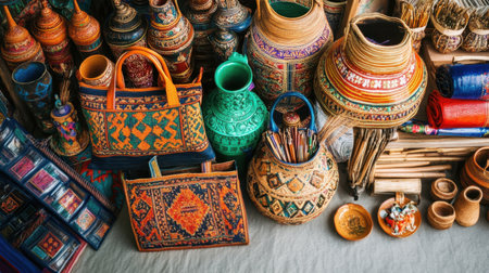 A vibrant collection of handcrafted artifacts showcases intricate designs and natural materials. Perfect for those who appreciate artisan craftsmanship and unique home decor.の素材