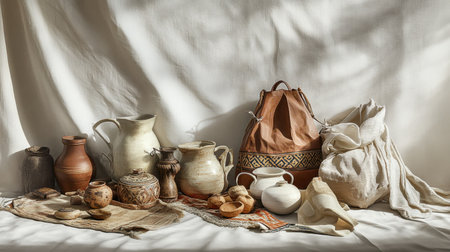 A beautiful arrangement of rustic pottery, textiles, and natural elements creates a warm and inviting still life scene. Soft light casts gentle shadows.の素材