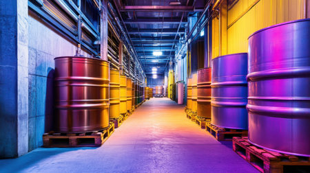 A vibrant warehouse interior showcases colorful metal barrels arranged neatly on pallets, illuminated by dramatic lighting. The image captures the essence of industrial spaces with a modern touch.の素材