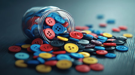 A vibrant collection of colorful buttons spills out from a glass jar onto a dark wooden surface, perfect for showcasing crafting and sewing ideas.の素材