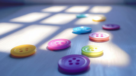A vibrant arrangement of colorful plastic buttons scattered on a sunlit wooden floor, casting playful shadows and creating a cheerful atmosphere ideal for crafting or creative projects.の素材