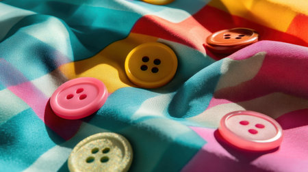 A close-up view of colorful buttons arranged on vibrant striped fabric, capturing a playful and artistic essence ideal for sewing or craft projects.の素材