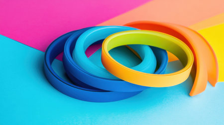 Bright and colorful rubber bands in shades of blue, green, yellow, and orange arranged artistically on a vibrant geometric background, ideal for design projects.の素材