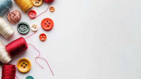 A vibrant collection of colorful threads and buttons is artistically arranged on a clean white background, perfect for showcasing sewing and crafting inspiration.の素材