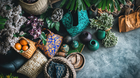 A vibrant arrangement of handcrafted baskets and decorative items on a textured surface, surrounded by lush greenery and colorful flowers, perfect for art and design inspiration.の素材