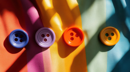 This image features colorful sewing buttons arranged on a vibrant textile background. Bright light creates playful shadows, highlighting the cheerful colors.の素材
