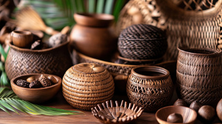 This captivating image showcases a variety of handcrafted wooden bowls and baskets arranged artfully on a rustic table, accentuated by lush green leaves.の素材