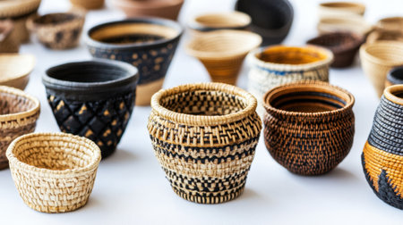 A stunning display of artisan handmade baskets showcasing various designs, colors, and textures, perfect for home decor or as unique gifts.の素材