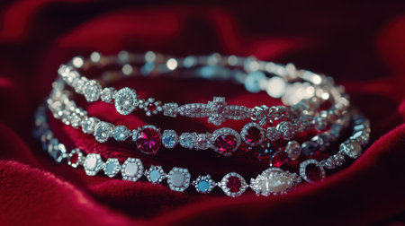 This exquisite collection of stunning jewelry showcases intricate designs featuring sparkling gemstones displayed elegantly on rich red velvet. Perfect for any fashion enthusiast.の素材