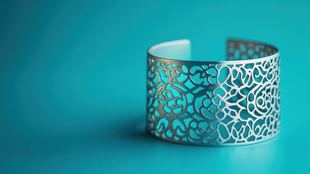 This captivating image showcases an elegant metal cuff bracelet with intricate designs set against a vibrant turquoise background, highlighting its artistic appeal.の素材