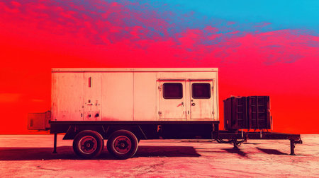 A stark trailer rests on a flat desert landscape, framed by a vivid, contrasting sky. Ideal for themes of exploration, solitude, and modern design.の素材