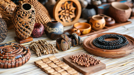 Explore a vibrant arrangement of handcrafted wooden vessels and accessories, showcasing intricate designs and natural textures perfect for home decor.の素材