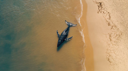 A breathtaking aerial view of a majestic whale stranded on a sandy beach, showcasing the stunning contrast between marine life and coastal scenery.の素材