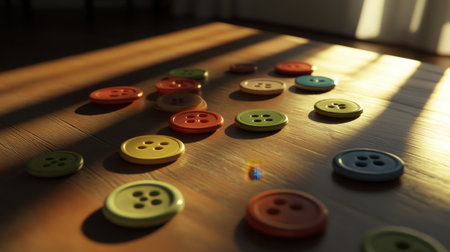 A captivating scene featuring an assortment of colorful buttons scattered on a polished wooden floor. Soft sunlight beams create beautiful shadows, enhancing the artistic quality.の素材