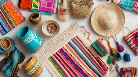 This vibrant composition showcases an array of handcrafted textiles, baskets, and accessories, highlighting the unique artistry and vibrant colors of indigenous artisans.の素材