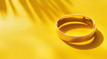 A stunning gold ring rests on a bright yellow background, casting soft shadows that emphasize its elegant curves and smooth texture, perfect for showcasing luxury.の素材
