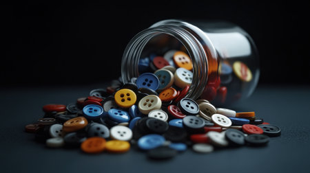 A vibrant collection of buttons spills from a glass jar onto a dark surface, creating a visually striking contrast. Ideal for craft and design projects.の素材