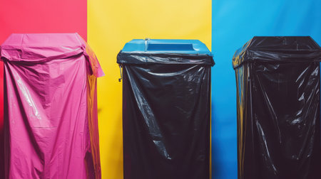 This image features three colorful trash bins wrapped in plastic against a vibrant background. It highlights the importance of recycling and waste management in contemporary life.の素材