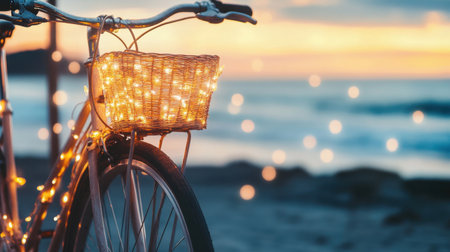 A serene bicycle adorned with glowing fairy lights sits on the beach, capturing the essence of summer evenings by the ocean under a vibrant sunset.の素材