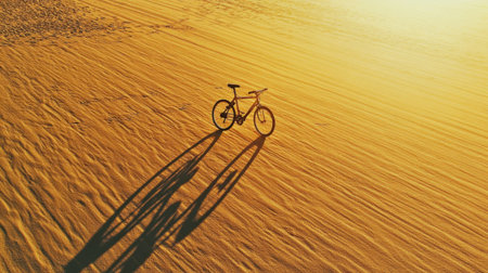 Une bicyclette solitaire se dresse sur un sable dorの素材