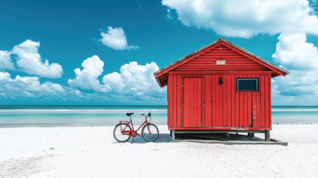 A charming red beach hut stands beside a classic bicycle on the soft sandy shore, embraced by a stunning ocean and a picturesque cloudy sky.の素材