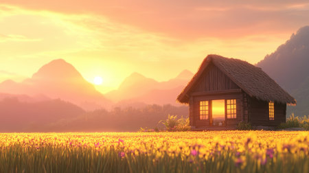 A picturesque cottage stands peacefully against a stunning sunset backdrop, with vibrant flowers blooming in the fields and majestic mountains surrounding the serene scene.の素材