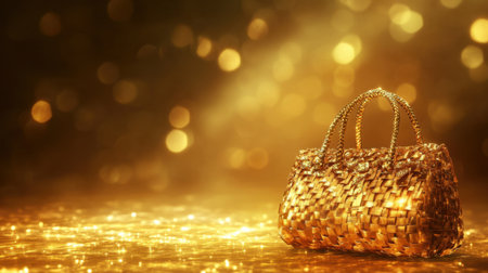 A beautiful golden handbag with a woven texture shines against a sparkling background, perfect for showcasing luxury fashion and elegance in stunning detail.の素材