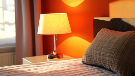 A serene bedroom scene featuring a soft bed adorned with plaid bedding, complemented by a stylish lamp casting warm light on an orange wall.の素材