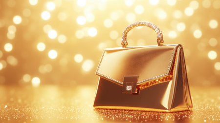 A stunning golden handbag that embodies luxury and sophistication, set against a shimmering golden background, perfect for fashion and lifestyle designs.の素材