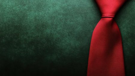 A striking red tie displayed against a textured green background, perfect for illustrating themes of elegance, professionalism, and style in visual media.の素材