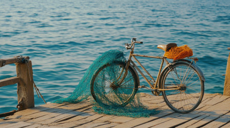 A charming vintage bicycle rests on a wooden pier, adorned with colorful fishing nets. The serene blue ocean and sunset create a tranquil atmosphere, perfect for relaxation.の素材