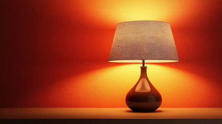 A stylish table lamp emits a warm glow, enhancing the cozy atmosphere of a room with its elegant design against a vibrant orange wall.の素材
