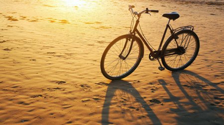 A vintage bicycle stands on a sandy beach at sunset, casting long shadows in the warm golden light, evoking a sense of tranquility and freedom.の素材