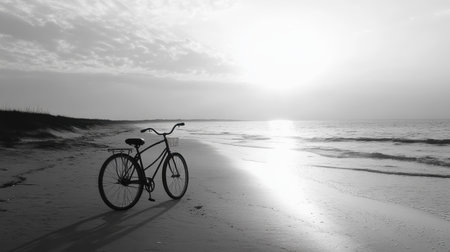 A vintage bicycle rests on a tranquil beach at sunset, surrounded by calm waters and soft sand. The black and white tones enhance the serene atmosphere, capturing nature's beauty perfectly.の素材