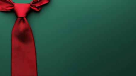 A close-up image of a vibrant red tie draped elegantly over a solid green background, perfect for themes of business, style, and celebrations.の素材