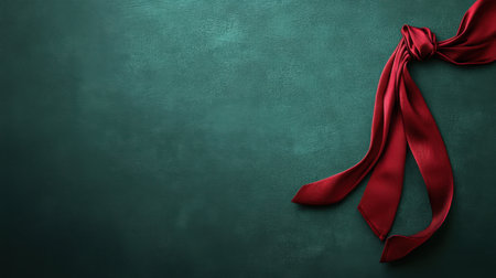 This image showcases an elegant red satin ribbon resting on a rich dark green background. Perfect for holiday decoration or gift wrapping.の素材