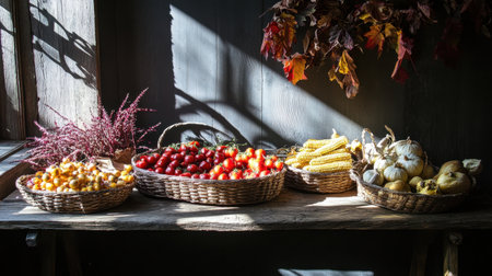 A picturesque scene capturing a variety of fresh fruits and vegetables arranged in woven baskets under warm sunlight, ideal for autumn themes.の素材