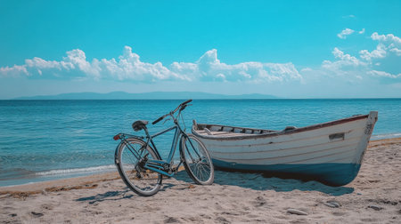 A picturesque coastal scene featuring a vintage bicycle resting beside a traditional wooden boat on a sandy beach. The clear blue sky reflects peace and serenity, making it perfect for summer adventures and relaxation by the ocean.の素材