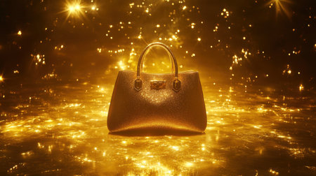 An exquisite golden handbag captures attention in this vibrant scene filled with sparkling lights. Its luxurious design and shiny finish make it perfect for fashion-oriented displays.の素材