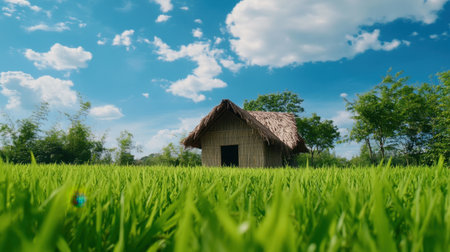 A charming thatched cottage stands alone amidst a lush green rice field, surrounded by nature under a bright blue sky filled with fluffy clouds.の素材