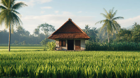 A serene rural landscape showcasing a traditional house amidst vibrant rice fields. Lush greenery and palm trees enhance the peaceful environment, perfect for nature lovers.の素材