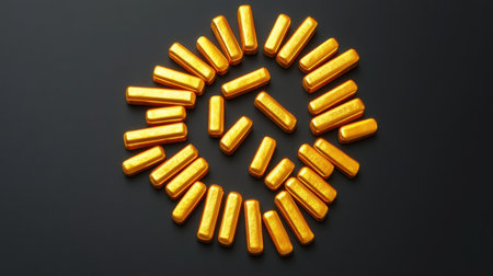 This image features a stunning arrangement of golden bars in a spiral pattern against a dark background, symbolizing luxury and wealth. Ideal for financial themes.の素材